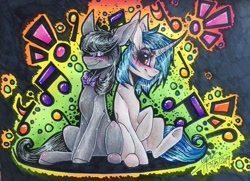 Size: 1080x780 | Tagged: safe, artist:moshi.poni, imported from derpibooru, dj pon-3, octavia melody, vinyl scratch, earth pony, pony, unicorn, blushing, bowtie, duo, eyelashes, female, horn, mare, music notes, signature, sitting, smiling, traditional art, underhoof