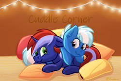 Size: 1024x683 | Tagged: safe, artist:exobass, imported from derpibooru, oc, oc only, oc:anny tr3e, oc:exobass, pegasus, pony, unicorn, cuddling, female, male, pillow