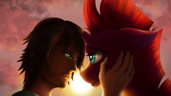 Size: 2666x1500 | Tagged: safe, artist:crimsonwolf360, imported from derpibooru, fizzlepop berrytwist, tempest shadow, oc, human, unicorn, fanfic:no man left behind, broken horn, fanfic art, hand on cheek, horn, looking into each others eyes, smiling, sunset, touching face