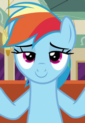 Size: 520x750 | Tagged: safe, imported from derpibooru, screencap, rainbow dash, pegasus, pony, the saddle row review, cropped, female, lidded eyes, looking at you, mare, smiling, solo