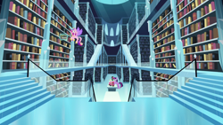 Size: 1280x720 | Tagged: safe, imported from derpibooru, screencap, princess cadance, twilight sparkle, alicorn, pony, the crystalling, bipedal, bipedal leaning, book, bookshelf, crown, crystal empire, crystal empire library, duo, female, flying, glowing horn, horn, jewelry, leaning, library, magic, magic aura, mare, regalia, sisters-in-law, telekinesis