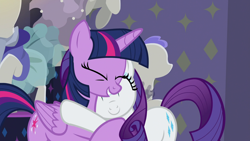 Size: 1920x1080 | Tagged: safe, imported from derpibooru, screencap, rarity, twilight sparkle, alicorn, pony, unicorn, the saddle row review, duo, duo female, eyes closed, female, hug, mare, smiling, teeth, twilight sparkle (alicorn)