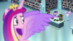 Size: 1280x720 | Tagged: safe, imported from derpibooru, screencap, princess cadance, princess flurry heart, twilight sparkle, alicorn, pony, the crystalling, book, bookshelf, crown, crystal empire, diaper, eyes closed, female, flying, jewelry, library, mare, mother and child, mother and daughter, open mouth, regalia, sisters-in-law, trio, trio female, twilight sparkle (alicorn)