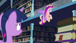 Size: 1280x720 | Tagged: safe, imported from derpibooru, screencap, princess cadance, twilight sparkle, alicorn, pony, the crystalling, book, bookshelf, crown, crystal empire, duo, duo female, female, flying, jewelry, library, mare, open mouth, regalia, sisters-in-law, twilight sparkle (alicorn)