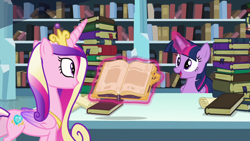Size: 1280x720 | Tagged: safe, imported from derpibooru, screencap, princess cadance, twilight sparkle, alicorn, pony, the crystalling, book, bookshelf, crown, crystal empire, duo, duo female, female, glowing horn, horn, jewelry, library, magic, magic aura, mare, open mouth, regalia, sisters-in-law, telekinesis, twilight sparkle (alicorn)