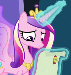 Size: 1062x1125 | Tagged: safe, edit, imported from derpibooru, screencap, princess cadance, alicorn, pony, the crystal empire, the ending of the end, cropped, crown, female, glowing horn, horn, jewelry, looking down, magic, magic aura, mare, regalia, scroll, solo, telekinesis