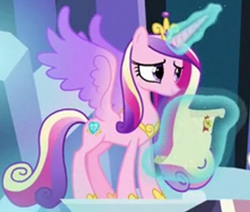 Size: 1114x943 | Tagged: safe, edit, imported from derpibooru, screencap, princess cadance, alicorn, pony, the crystal empire, the ending of the end, cropped, crown, female, glowing horn, horn, jewelry, magic, magic aura, mare, regalia, scroll, solo, telekinesis