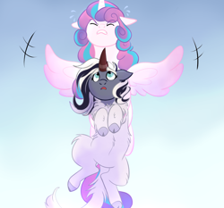 Size: 1230x1146 | Tagged: safe, artist:imperiialfrost, imported from derpibooru, princess flurry heart, oc, oc:monsoon blossom, hybrid, kirin, interspecies offspring, offspring, older, parent:oc:wintertide frost, parent:storm king, parents:canon x oc