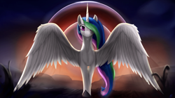 Size: 3840x2160 | Tagged: safe, artist:tenebrisnoctus, imported from derpibooru, princess celestia, alicorn, pony, female, hair over one eye, looking at you, mare, missing accessory, solo, spread wings, wings