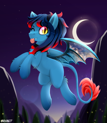 Size: 2600x3000 | Tagged: safe, artist:rivin177, imported from derpibooru, oc, oc only, bat pony, pony, ;p, bat pony oc, bat wings, clips, commission, crescent moon, flying, hooves up, lens flare, leonine tail, moon, moonlight, night, one eye closed, purple sky, solo, tail, tongue out, wings