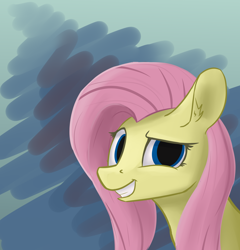 Size: 2500x2600 | Tagged: safe, artist:shturmpony, imported from derpibooru, fluttershy, pony, abstract background, always works, bust, dreamworks face, female, grin, high res, looking at you, mare, portrait, scene interpretation, screenshot redraw, smiling, solo, three quarter view