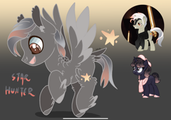 Size: 2388x1668 | Tagged: safe, artist:caramelbolt24, imported from derpibooru, oc, oc only, oc:star hunter, pegasus, pony, unicorn, abstract background, clothes, colored hooves, ear fluff, feathered fetlocks, horn, open mouth, pegasus oc, scarf, signature, smiling, two toned wings, unicorn oc, wings