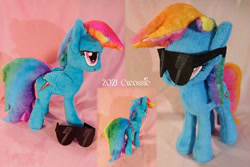 Size: 1024x683 | Tagged: safe, artist:cwossie, imported from derpibooru, rainbow dash, pony, cool, cooler, female, folded wings, gradient mane, photo, plushie, solo, solo female, sunglasses, wings