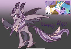 Size: 2388x1668 | Tagged: safe, artist:caramelbolt24, imported from derpibooru, screencap, princess celestia, twilight sparkle, oc, oc:dimness blaze, alicorn, pegasus, pony, princess twilight sparkle (episode), cloven hooves, ear fluff, eyelashes, eyes closed, fangs, feathered fetlocks, female, gradient background, horn, jewelry, leonine tail, magical lesbian spawn, mare, offspring, open mouth, parent:princess celestia, parent:twilight sparkle, parents:twilestia, pegasus oc, peytral, screencap reference, signature, tiara, twilight sparkle (alicorn), wings