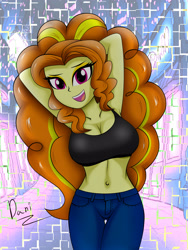 Size: 3000x4000 | Tagged: safe, artist:danielitamlp, imported from derpibooru, adagio dazzle, equestria girls, abstract background, arm behind head, armpits, belly button, breasts, busty adagio dazzle, cleavage, clothes, female, jeans, looking at you, open mouth, pants, smiling, solo, tanktop