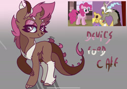 Size: 2388x1668 | Tagged: safe, artist:caramelbolt24, imported from derpibooru, discord, pinkie pie, oc, oc:devils food cake, draconequus, earth pony, pony, abstract background, bust, draconequus oc, ear fluff, female, interspecies offspring, male, mare, offspring, one eye closed, parent:discord, parent:pinkie pie, parents:discopie, reference sheet, signature, wink