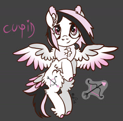 Size: 1638x1610 | Tagged: safe, artist:caramelbolt24, imported from derpibooru, oc, oc only, oc:cupid, pegasus, pony, arrow, bow (weapon), colored hooves, dark background, ear fluff, feathered fetlocks, flying, male, pegasus oc, signature, smiling, solo, spread wings, stallion, wings