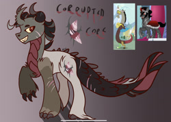 Size: 2340x1668 | Tagged: safe, artist:caramelbolt24, imported from derpibooru, screencap, oc, oc:corrupted core, draconequus, hybrid, pony, unicorn, crack ship offspring, draconequus oc, ear fluff, gradient background, horn, interspecies offspring, magical gay spawn, male, offspring, parent:discord, parent:king sombra, parents:sombracord, screencap reference, signature, stallion