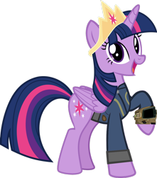 Size: 1024x1157 | Tagged: safe, artist:alandssparkle, artist:ponygamer2020, imported from derpibooru, twilight sparkle, alicorn, pony, fallout equestria, clothes, crown, fallout, female, jewelry, jumpsuit, looking at you, open mouth, pipboy, raised hoof, regalia, simple background, solo, transparent background, twilight sparkle (alicorn), vault suit, vector