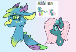 Size: 2388x1628 | Tagged: safe, artist:caramelbolt24, artist:unoriginai, imported from derpibooru, fluttershy, gallus, pharynx, spike, thorax, oc, changedling, changeling, changepony, dragon, griffon, hybrid, pegasus, pony, abstract background, base used, bust, ear fluff, gigachad spike, horns, king thorax, magical gay spawn, magical threesome spawn, multiple parents, offspring, older, older spike, parent:fluttershy, parent:gallus, parent:pharynx, parent:spike, parent:thorax, prince pharynx, screencap reference, signature