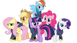 Size: 5360x3008 | Tagged: safe, artist:andoanimalia, artist:dashiesparkle, artist:patec, artist:ponygamer2020, artist:snapshopvisuals, imported from derpibooru, applejack, fluttershy, pinkie pie, rainbow dash, rarity, twilight sparkle, earth pony, pegasus, pony, unicorn, fallout equestria, applejack's hat, bipedal, clothes, cowboy hat, fallout, female, flying, group, hat, jumpsuit, looking at you, mane six, open mouth, simple background, teeth, transparent background, unicorn twilight, vault suit, vector