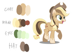 Size: 1254x943 | Tagged: safe, artist:caramelbolt24, imported from derpibooru, applejack, earth pony, pony, eyelashes, female, freckles, hat, mare, open mouth, raised hoof, redesign, reference sheet, solo