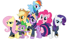 Size: 5360x3008 | Tagged: safe, artist:alandssparkle, artist:andoanimalia, artist:patec, artist:ponygamer2020, artist:snapshopvisuals, imported from derpibooru, applejack, fluttershy, pinkie pie, rainbow dash, rarity, spike, twilight sparkle, alicorn, dragon, earth pony, pegasus, pony, unicorn, fallout equestria, absurd resolution, applejack's hat, bipedal, clothes, cowboy hat, crown, fallout, female, flying, hat, jewelry, jumpsuit, looking at you, male, mane seven, mane six, open mouth, regalia, simple background, teeth, transparent background, twilight sparkle (alicorn), vault suit, vector, waving at you