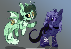 Size: 2388x1668 | Tagged: safe, artist:caramelbolt24, imported from derpibooru, oc, oc only, bat pony, pony, abstract background, bat pony oc, bat wings, chest fluff, choker, colored hooves, duo, ear fluff, flying, looking back, raised hoof, signature, smiling, wings