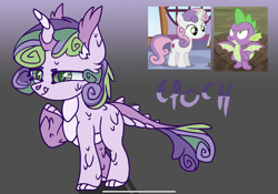 Size: 2388x1668 | Tagged: safe, artist:caramelbolt24, imported from derpibooru, screencap, spike, oc, oc:epoch, dracony, dragon, hybrid, pony, unicorn, molt down, on your marks, abstract background, cutie mark, ear fluff, female, filly, frown, horn, interspecies offspring, male, offspring, parent:spike, parent:sweetie belle, parents:spikebelle, raised hoof, screencap reference, signature, spread wings, the cmc's cutie marks, winged spike, wings