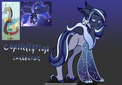 Size: 2388x1668 | Tagged: safe, artist:caramelbolt24, imported from derpibooru, screencap, discord, princess luna, oc, oc:constellation collector, alicorn, draconequus, hybrid, pony, abstract background, constellation, draconequus oc, ear fluff, female, horn, interspecies offspring, male, mare, offspring, parent:discord, parent:princess luna, parents:lunacord, screencap reference, signature, wings