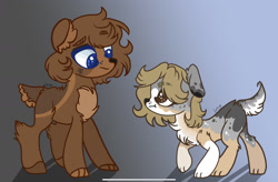 Size: 2388x1570 | Tagged: safe, artist:caramelbolt24, imported from derpibooru, oc, oc only, dog, dog pony, hybrid, pony, abstract background, chest fluff, duo, ear fluff, signature, smiling