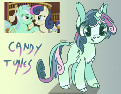 Size: 2148x1668 | Tagged: safe, artist:caramelbolt24, imported from derpibooru, screencap, bon bon, lyra heartstrings, sweetie drops, oc, oc:candy tunes, classical unicorn, earth pony, pony, unicorn, slice of life (episode), abstract background, chest fluff, cloven hooves, ear fluff, eyelashes, female, leonine tail, lesbian, lyrabon, magical lesbian spawn, mare, offspring, parent:bon bon, parent:lyra heartstrings, parents:lyrabon, screencap reference, shipping, signature, smiling, unshorn fetlocks