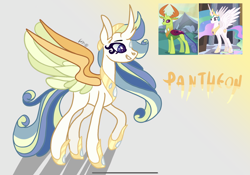 Size: 2388x1668 | Tagged: safe, artist:caramelbolt24, imported from derpibooru, screencap, princess celestia, thorax, oc, oc:pantheon, alicorn, changedling, changeling, changepony, hybrid, pony, abstract background, crack ship offspring, ear fluff, eyelashes, female, hoof shoes, horn, interspecies offspring, jewelry, king thorax, male, mare, offspring, parent:princess celestia, parent:thorax, parents:thoralestia, peytral, screencap reference, shipping, signature, tiara, wings