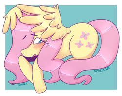 Size: 1024x811 | Tagged: safe, artist:spacessie, imported from derpibooru, fluttershy, pegasus, pony, blushing, covering, cute, daaaaaaaaaaaw, female, hair over one eye, looking away, looking down, lying down, mare, open mouth, prone, shy, shyabetes, solo, spread wings, wing covering, wings