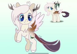 Size: 2388x1668 | Tagged: safe, artist:caramelbolt24, imported from derpibooru, oc, oc only, hybrid, pony, antlers, ear fluff, female, flying, gradient background, interspecies offspring, offspring, parent:discord, parent:fluttershy, parents:discoshy, signature, smiling, wings