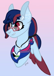 Size: 1158x1628 | Tagged: safe, artist:caramelbolt24, imported from derpibooru, oc, oc only, pegasus, pony, abstract background, bisexual pride flag, bust, commission, ear fluff, glasses, grin, jewelry, necklace, pegasus oc, pride, pride flag, signature, smiling, solo, wings, ych result