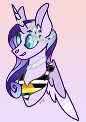 Size: 1162x1628 | Tagged: safe, artist:caramelbolt24, imported from derpibooru, oc, oc only, alicorn, pony, abstract background, alicorn oc, bust, choker, commission, ear fluff, grin, horn, laurel wreath, neckerchief, signature, smiling, solo, wings, ych result