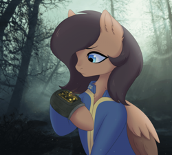 Size: 2000x1800 | Tagged: safe, artist:alune, artist:alunedoodle, imported from derpibooru, oc, oc only, oc:quillwright, pegasus, pony, fallout equestria, clothes, fallout equestria: of shadows, female, jumpsuit, pipbuck, solo, vault suit