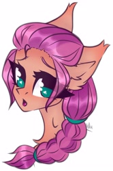 Size: 2135x3215 | Tagged: safe, artist:thepiratemangle, imported from derpibooru, sunny starscout, earth pony, pony, blushing, braid, bust, ear fluff, eyelashes, female, g5, high res, looking at you, mare, open mouth, portrait, simple background, solo, white background