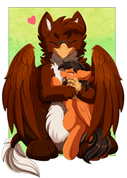 Size: 2850x4009 | Tagged: safe, artist:pridark, imported from derpibooru, oc, oc only, griffon, pegasus, pony, chest fluff, commission, cute, daaaaaaaaaaaw, duo, eyes closed, fluffy, glasses, griffon oc, heart, high res, hug, ocbetes, open mouth, sitting, size difference, underhoof