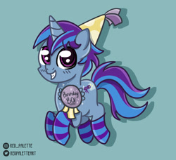 Size: 1280x1169 | Tagged: safe, artist:redpalette, imported from derpibooru, oc, oc only, oc:moody mercury, pony, unicorn, abstract background, birthday, button, clothes, cute, hat, hop, horn, male, smiling, socks, solo, stallion, striped socks, unicorn oc