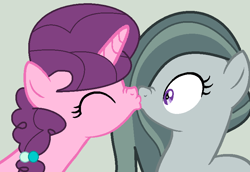 Size: 778x536 | Tagged: safe, artist:jadeharmony, artist:jadethepegasus, artist:lullabyprince, imported from derpibooru, marble pie, sugar belle, earth pony, pony, unicorn, base used, boop, duo, eyes closed, female, gray background, kiss on the lips, kissing, lesbian, marbelle, mare, noseboop, shipping, simple background, surprised