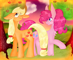 Size: 1300x1070 | Tagged: safe, artist:junko, artist:php163, imported from derpibooru, applejack, pinkie pie, earth pony, pony, apple, apple tree, big ears, chest fluff, cloud, cute, diapinkes, digital art, female, floppy ears, food, grass, grass field, hay, jackabetes, looking up, mare, missing accessory, raised hoof, signature, smiling, straw in mouth, tree
