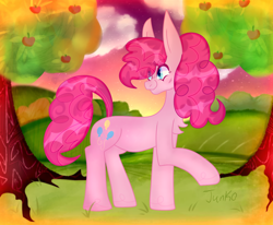 Size: 1300x1070 | Tagged: safe, alternate version, artist:junko, artist:php163, imported from derpibooru, pinkie pie, earth pony, pony, apple, apple tree, art, big ears, chest fluff, chubbie pie, chubby, cloud, cute, diapinkes, digital art, female, fluffy mane, food, grass, grass field, looking offscreen, mare, raised hoof, signature, smiling, solo, solo female, solo focus, stars, tree
