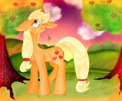 Size: 1300x1070 | Tagged: safe, alternate version, artist:junko, artist:php163, imported from derpibooru, applejack, earth pony, pony, apple, apple tree, art, big ears, cloud, cute, digital art, female, food, grass, grass field, jackabetes, looking offscreen, mare, missing accessory, raised hoof, signature, smiling, solo, solo female, solo focus, stars, straw in mouth, tree