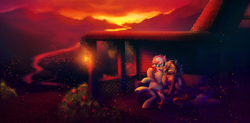 Size: 3000x1474 | Tagged: safe, artist:limreiart, imported from derpibooru, oc, oc only, earth pony, firefly (insect), insect, pegasus, pony, bioluminescent, bridge, bush, earth pony oc, female, food, mare, mountain, mountain range, peaceful, pegasus oc, ponyville, river, scenery, scenery porn, sitting, sunset, tea, wings