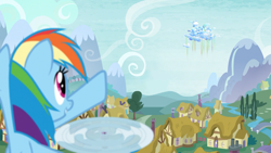 Size: 1920x1080 | Tagged: safe, edit, edited screencap, imported from ponybooru, screencap, rainbow dash, tank, pegasus, pony, tanks for the memories, cloudsdale, female, mare, pointing, ponyville, solo focus