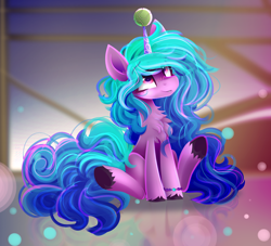 Size: 2200x2000 | Tagged: safe, artist:liquorice_sweet, imported from derpibooru, izzy moonbow, pony, unicorn, spoiler:g5, spoiler:my little pony: a new generation, ball, blushing, bracelet, chest fluff, female, g5, high res, horn, horn guard, hornball, izzy's tennis ball, jewelry, looking up, mare, my little pony: a new generation, sitting, solo, tennis ball, unshorn fetlocks
