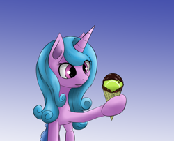 Size: 1904x1535 | Tagged: safe, artist:guatergau5, imported from derpibooru, izzy moonbow, pony, unicorn, cone, female, food, g5, gradient background, ice cream, ice cream cone, mare, solo, that pony sure does love tennis balls