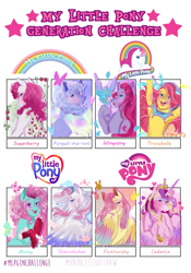 Size: 1304x1867 | Tagged: safe, artist:bunnari, imported from derpibooru, fluttershy, forget me not, minty, princess cadance, princess trixiebelle, star catcher, sugarberry, wingsong, alicorn, earth pony, pegasus, pony, forget-me-not, g1, g2, g3, g4, generation challenge, trixiebelle